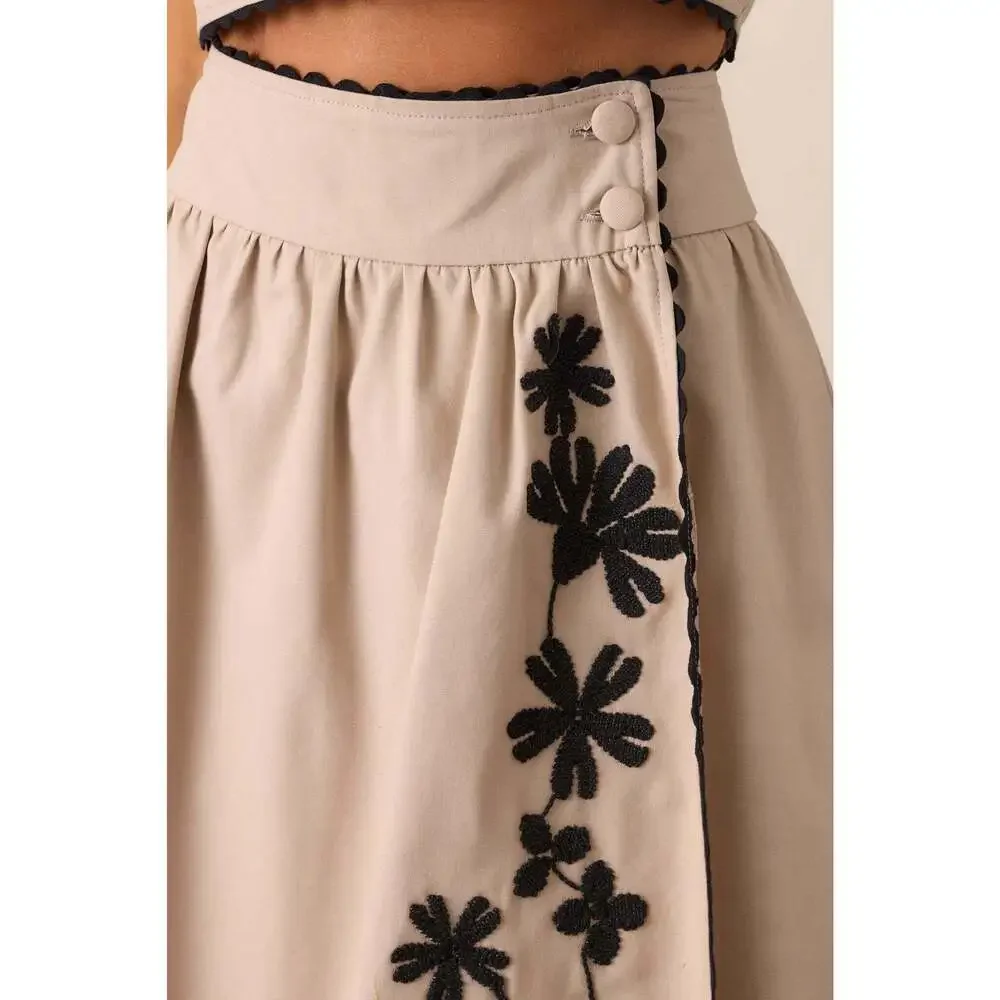 Red Dress Lovely Blooms Taupe Embroidered Floral Midi Skirt Size SS / Taupe - Picture 3 of 3